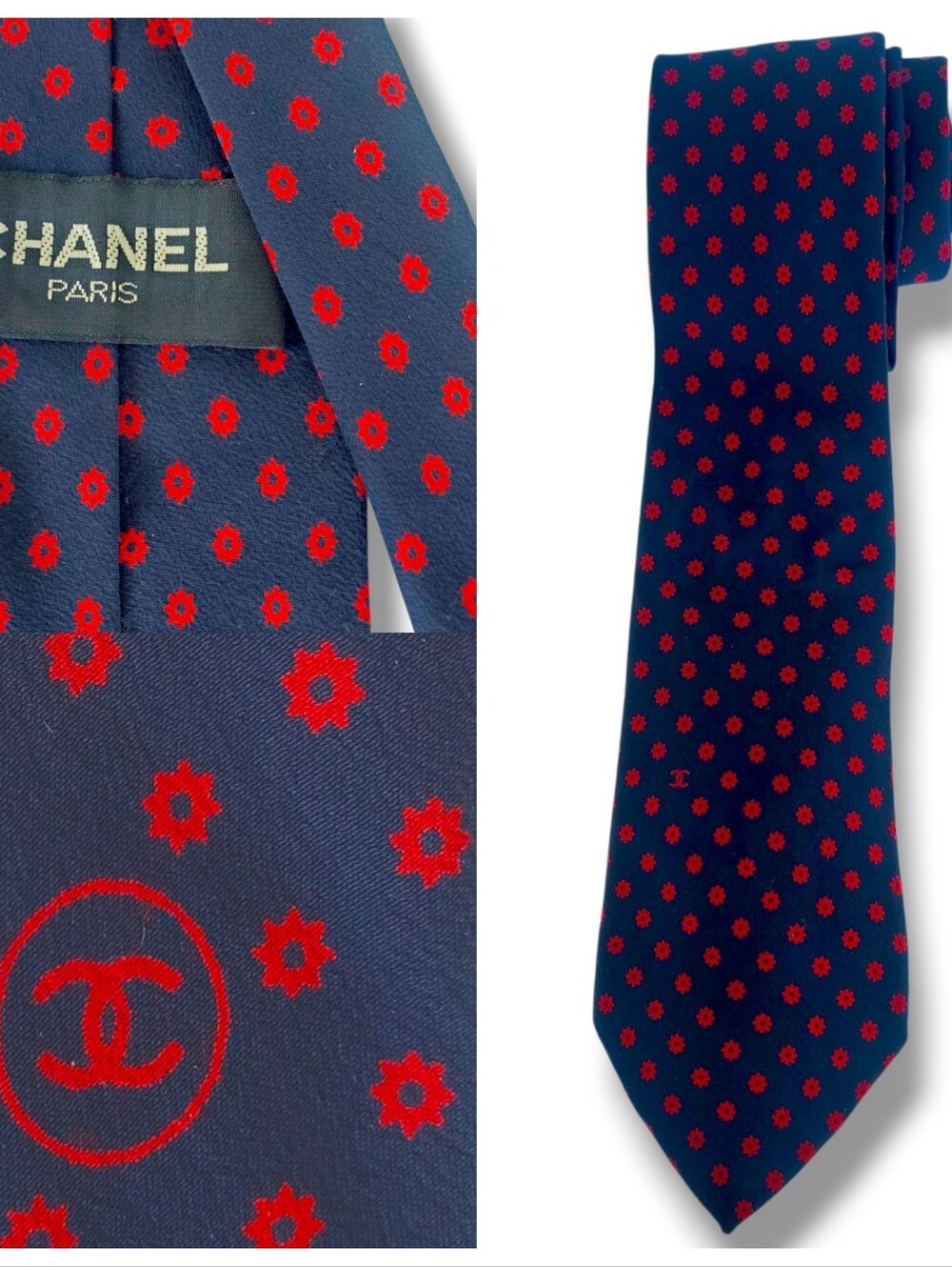 Chanel Paris Silk Tie Midnight Navy Blue with Fuscia Red Star Bursts 55 x  3 3/8